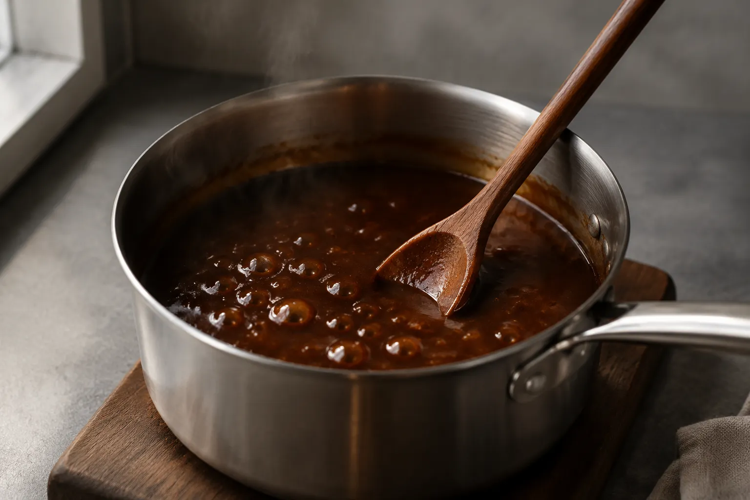 Egg foo young brown gravy simmering in saucepan with wooden spoon