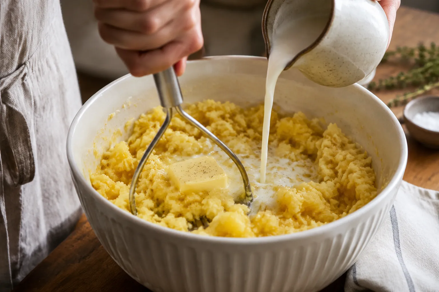 Mashing cooked rutabaga with butter and milk to make creamy mashed rutabaga.