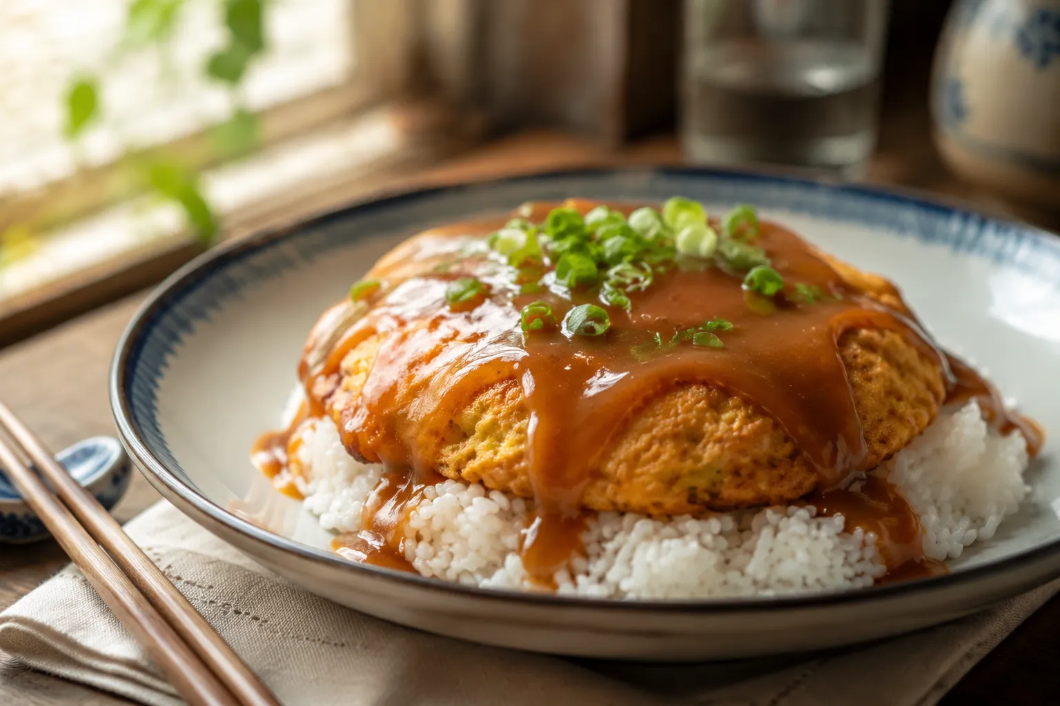 Plated egg foo young recipe with brown gravy and scallions over rice
