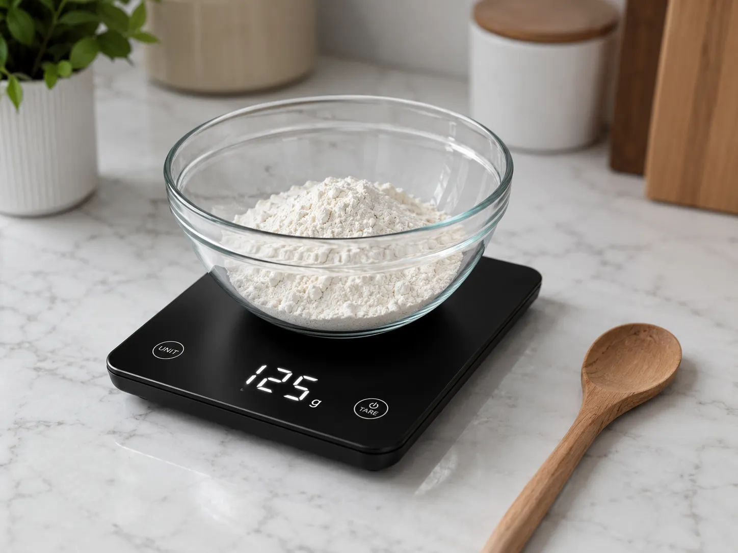 Digital kitchen scale showing 125 grams equals 1 cup of flour