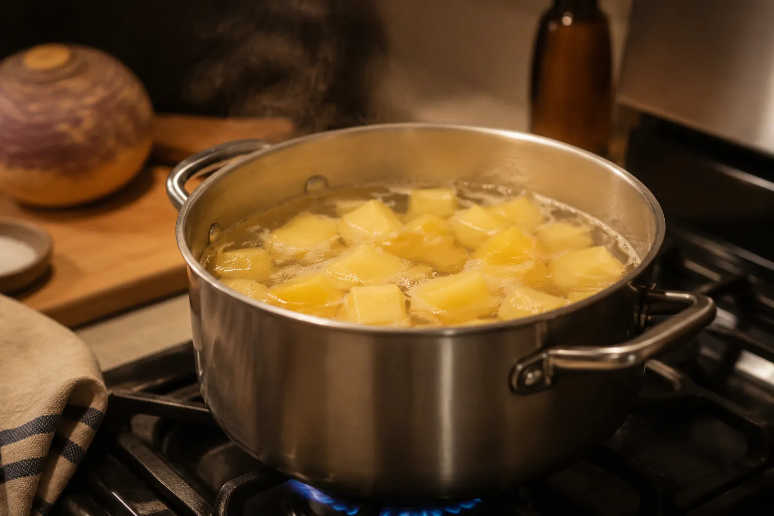 Rutabaga cubes simmering in a pot of salted water on the stove.