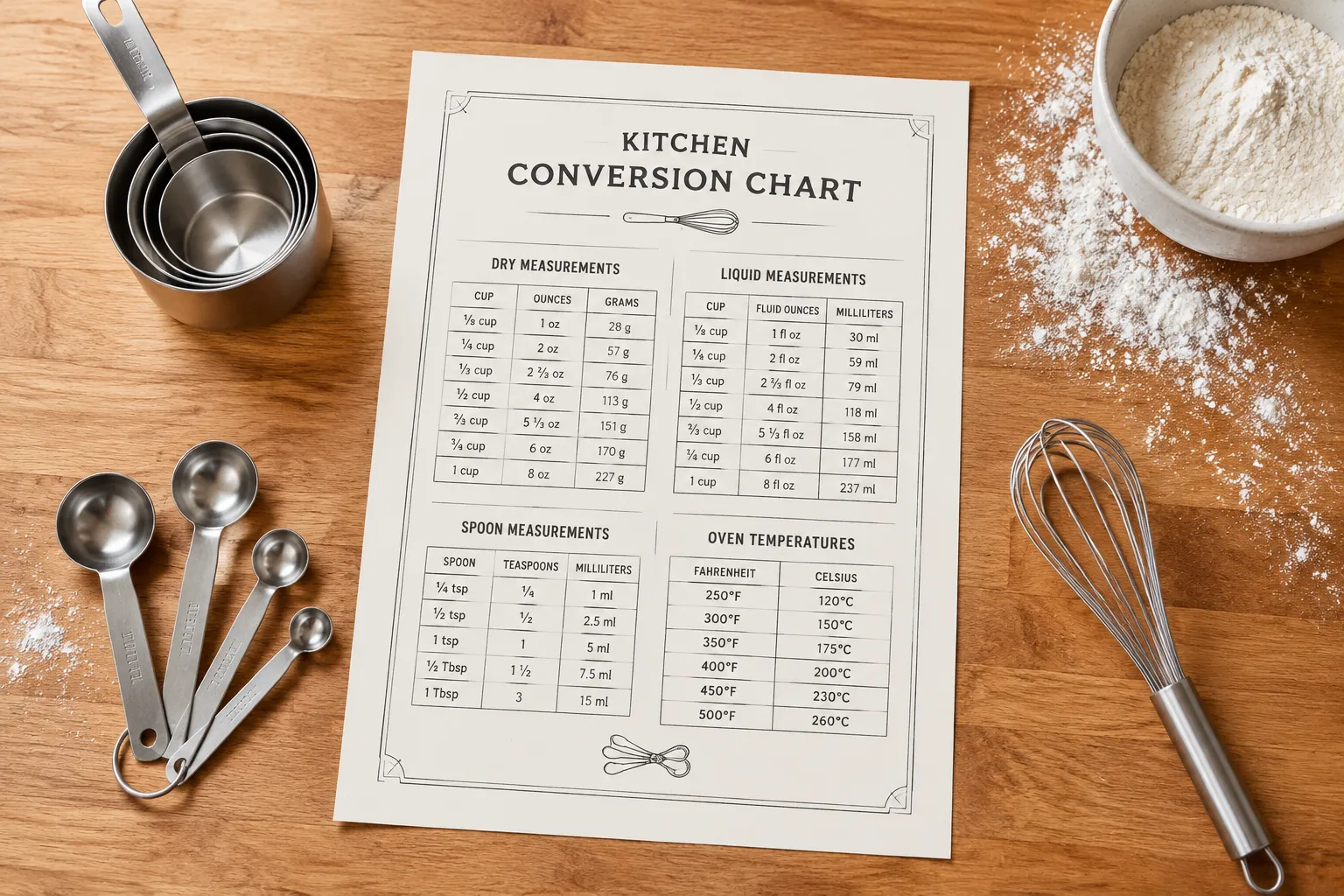 Printable cup to gram conversion chart with measuring cups and spoons