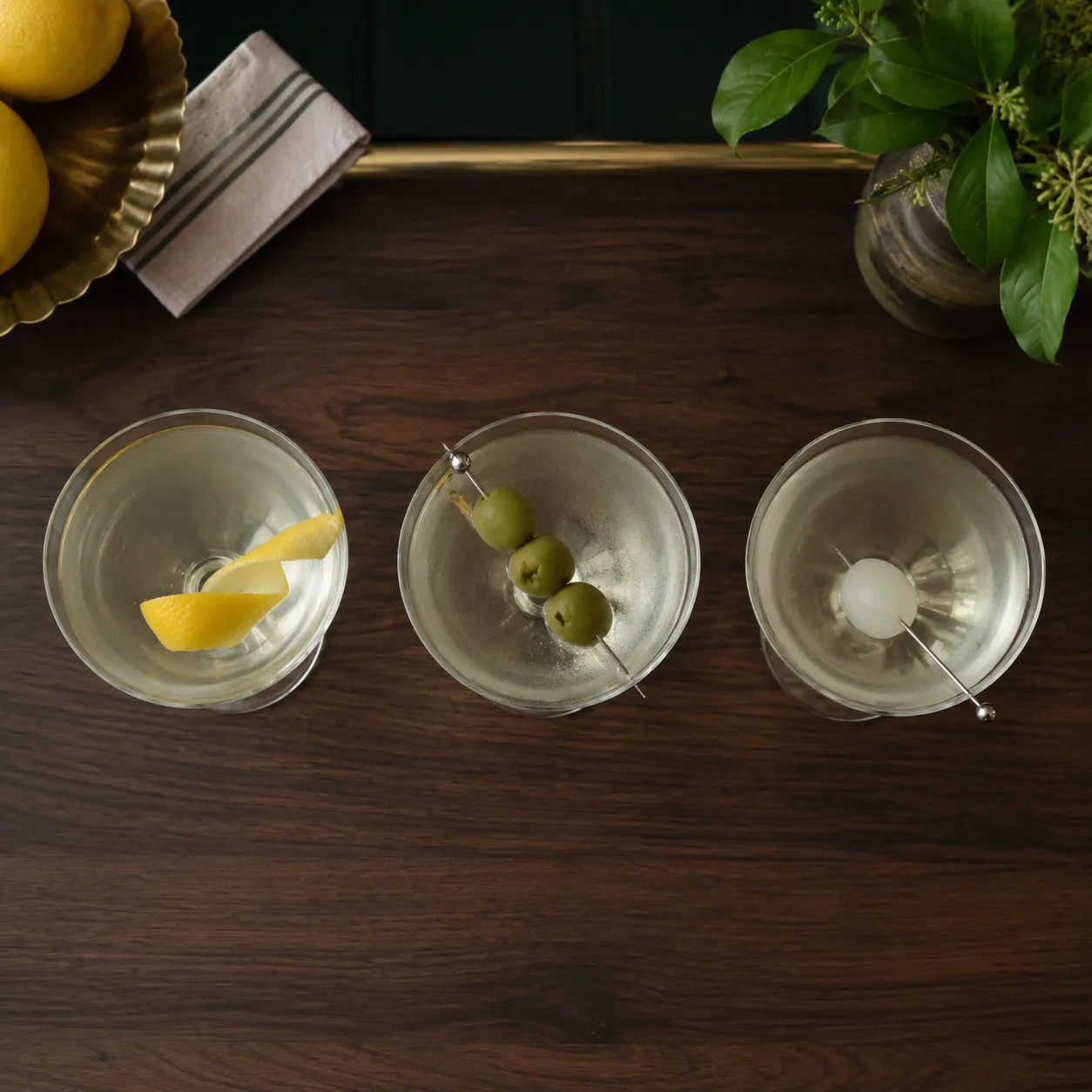 Three martini recipe variations: classic, dirty, and Gibson