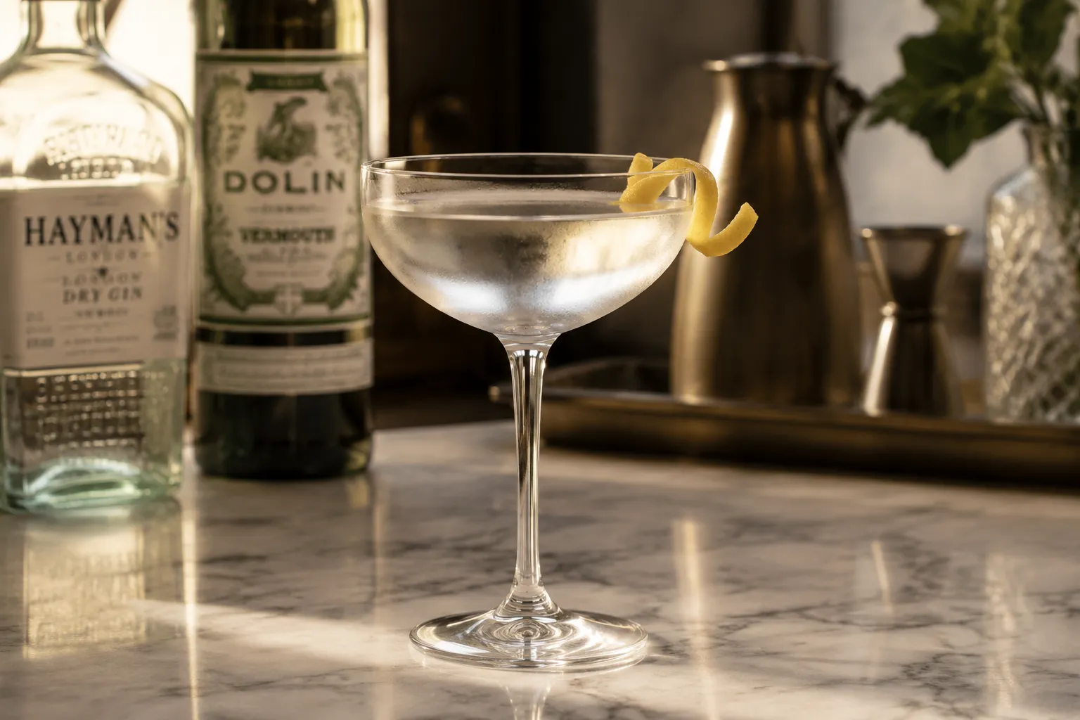 Finished classic gin martini with lemon twist garnish
