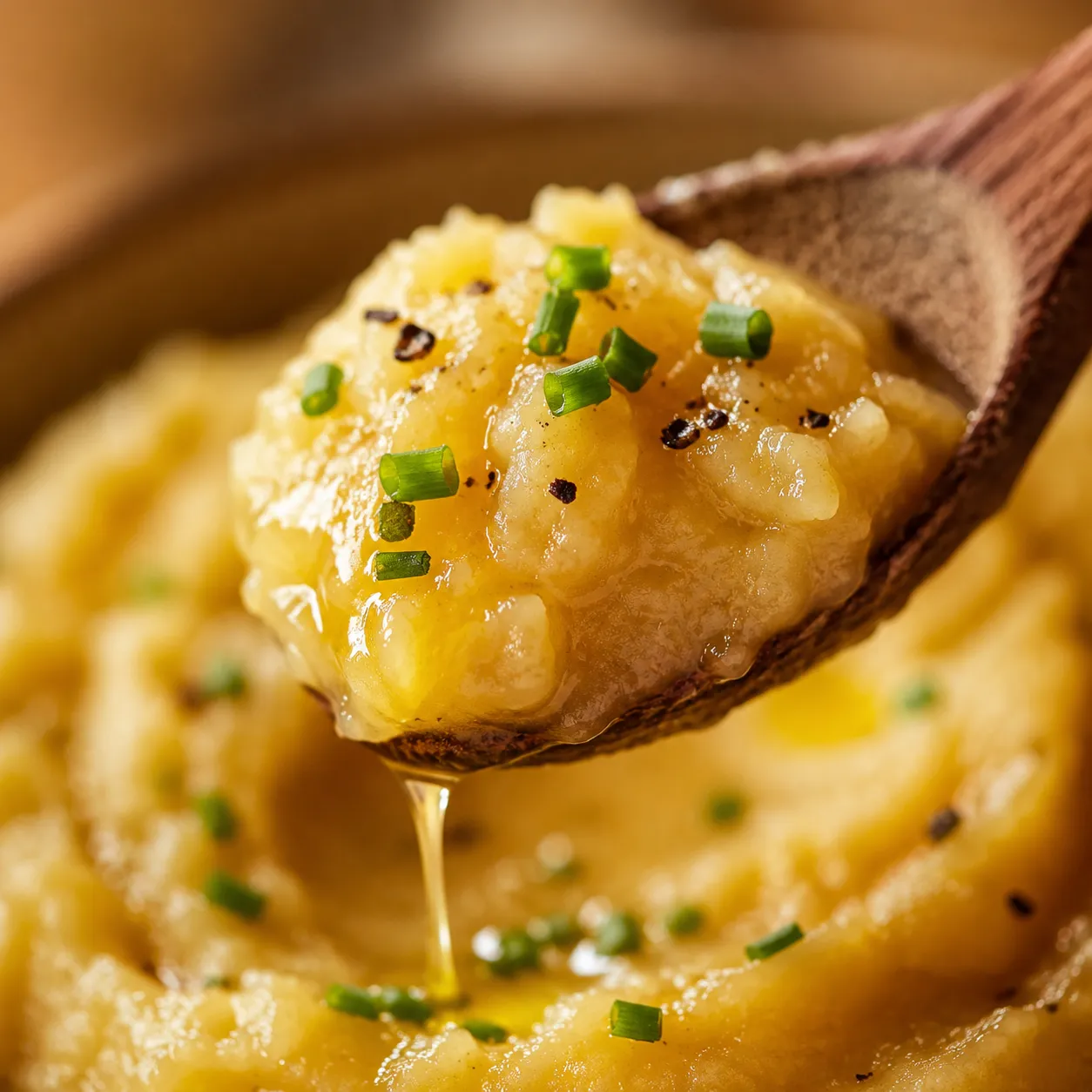 Close-up of creamy mashed rutabaga on a wooden spoon with butter and chives.