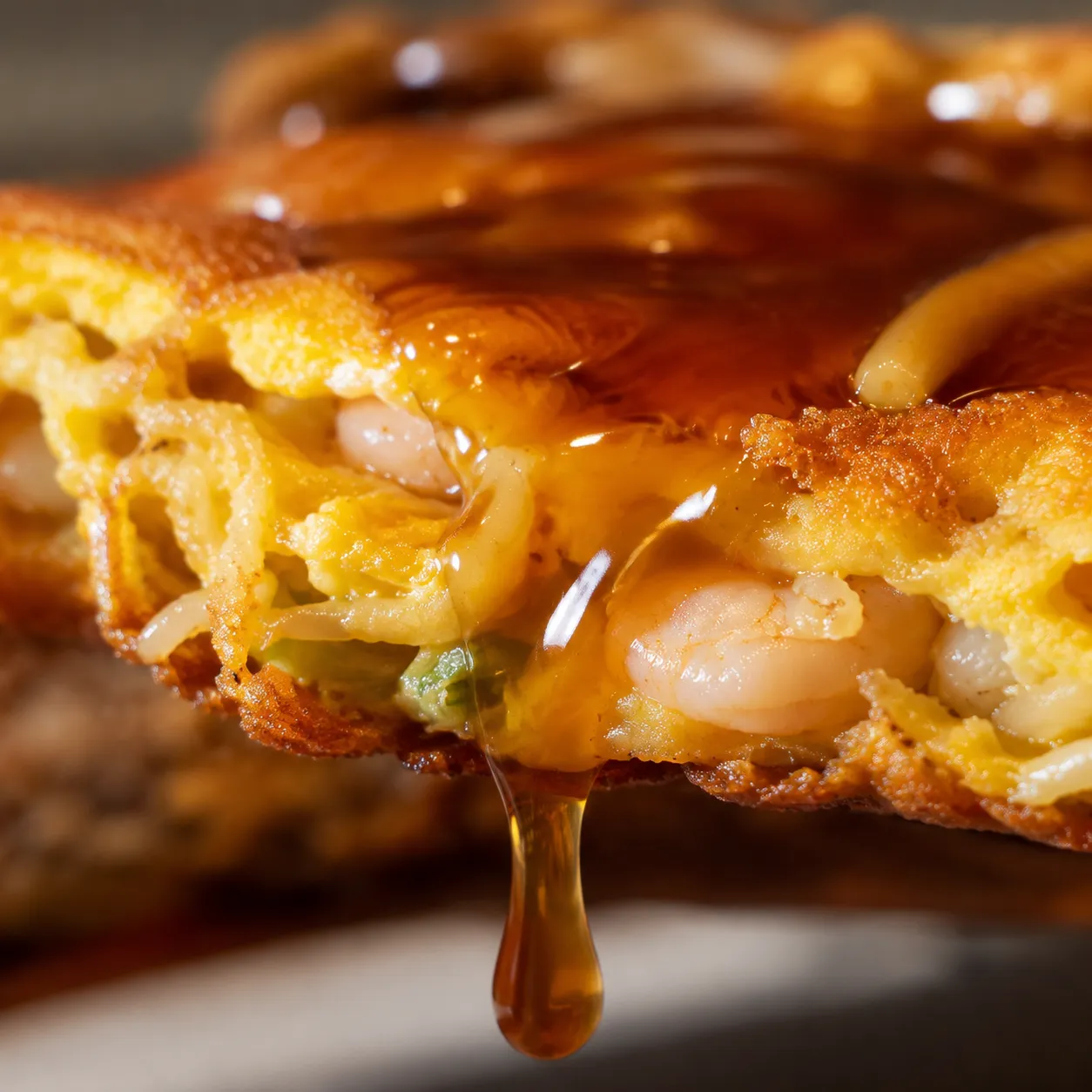 Macro close-up of egg foo young crispy edge with brown gravy dripping