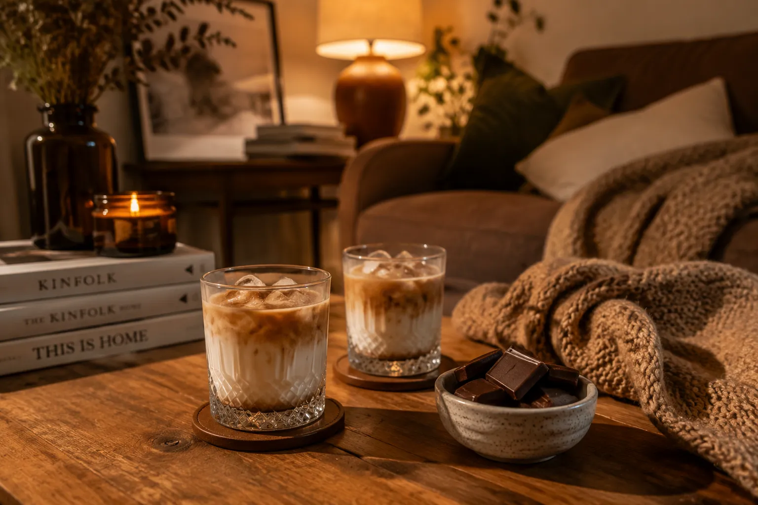 Two White Russian cocktails served with dark chocolate for a cozy evening