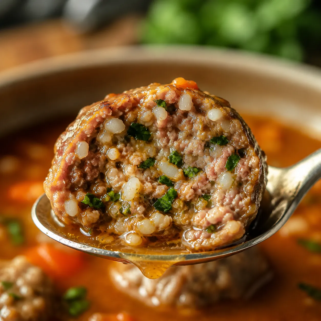 Close-up of an albondigas meatball cut open showing rice inside