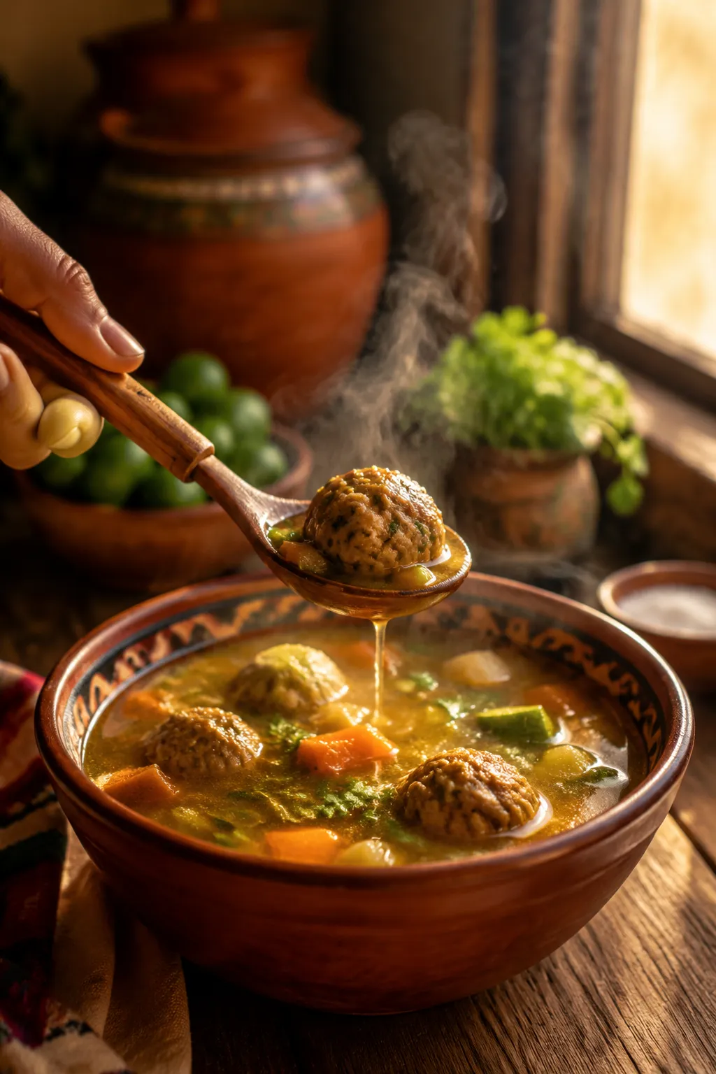 Spooning a meatball from a bowl of albondigas soup