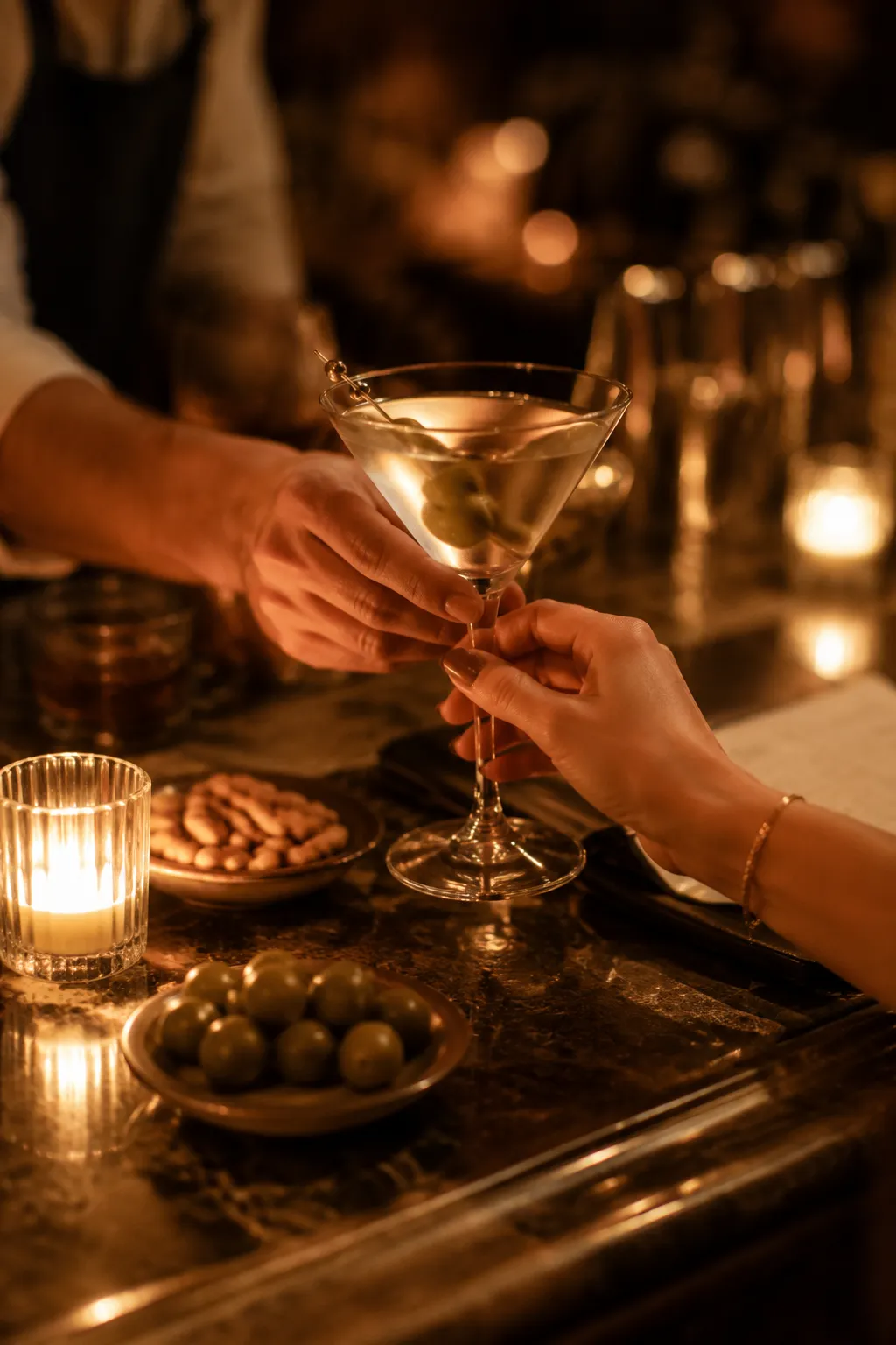 Serving a classic martini at a candlelit home bar