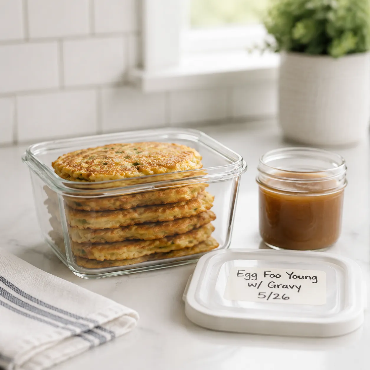 Egg foo young leftovers stored in glass meal prep container with gravy