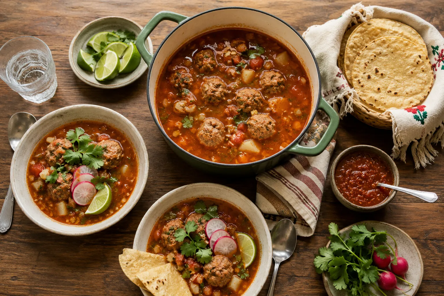 Albondigas soup served family-style with tortillas, lime, and salsa
