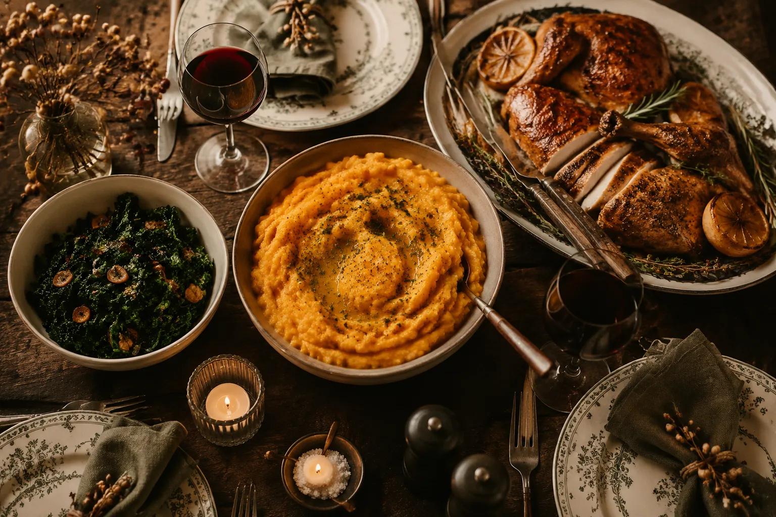 Mashed rutabaga served as a side dish with roasted chicken on a family dinner table.