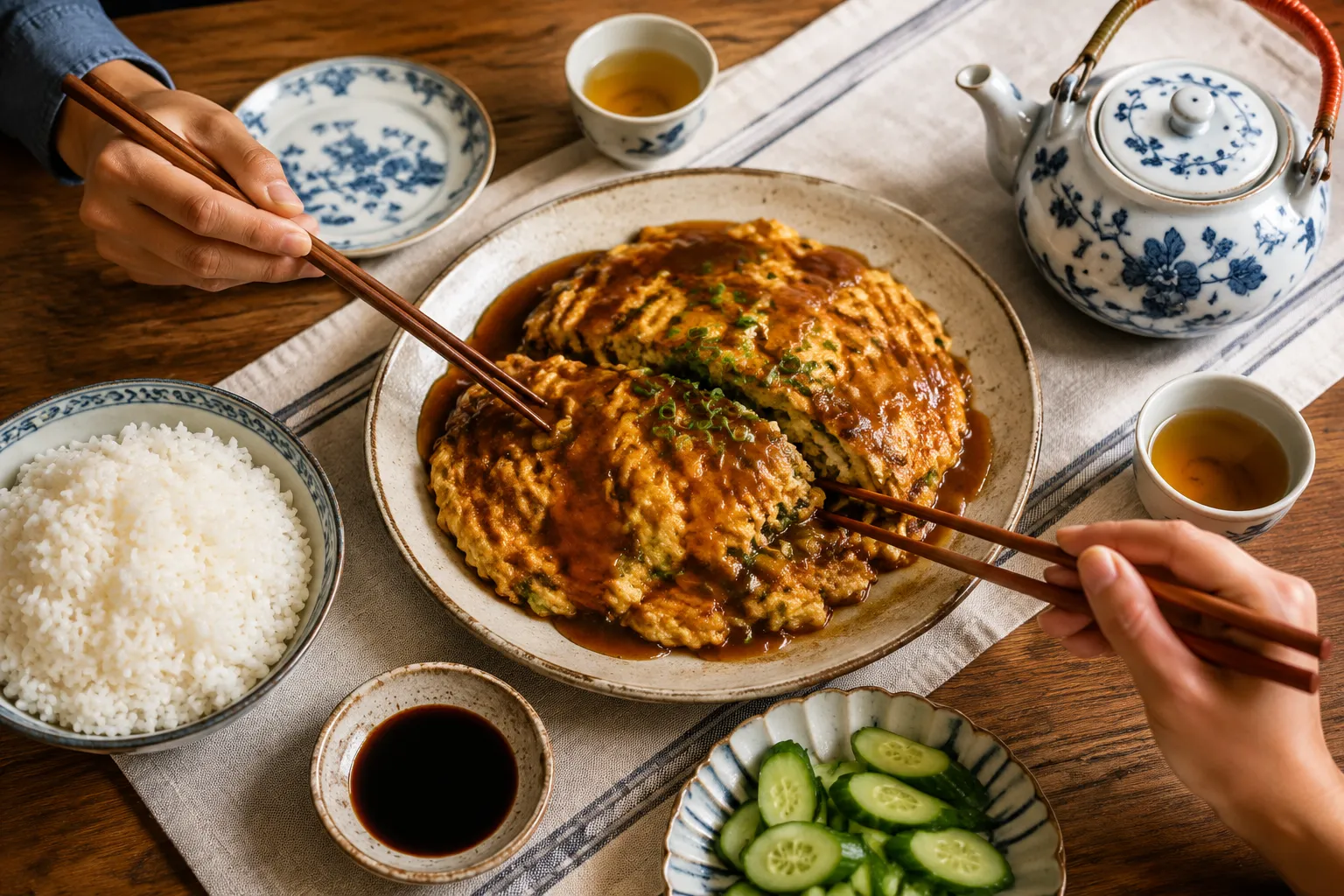 Egg foo young served family-style with rice and tea on wooden table