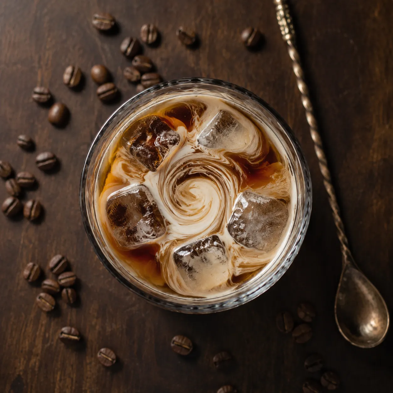 Overhead view of a White Russian cocktail with swirled cream and coffee beans