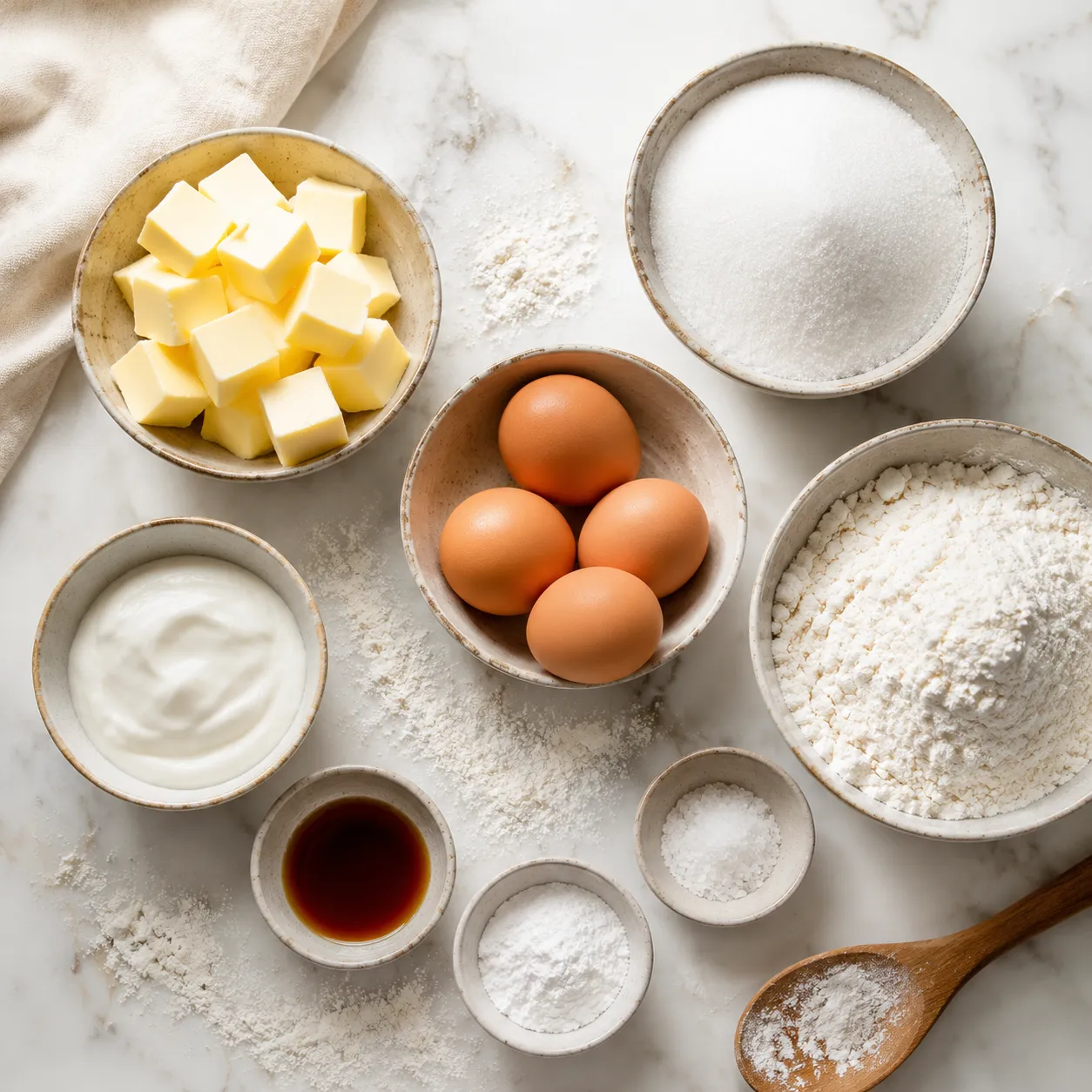 Pound cake recipe ingredients flatlay with butter, sugar, eggs, and flour