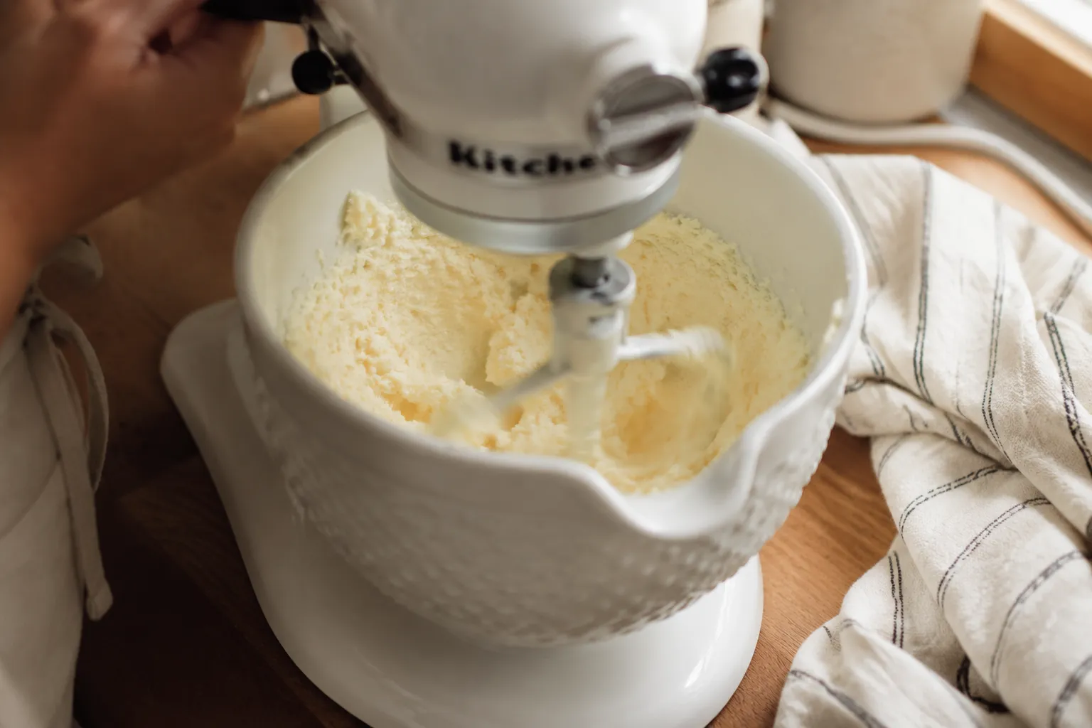 Creaming butter and sugar for classic pound cake recipe in stand mixer