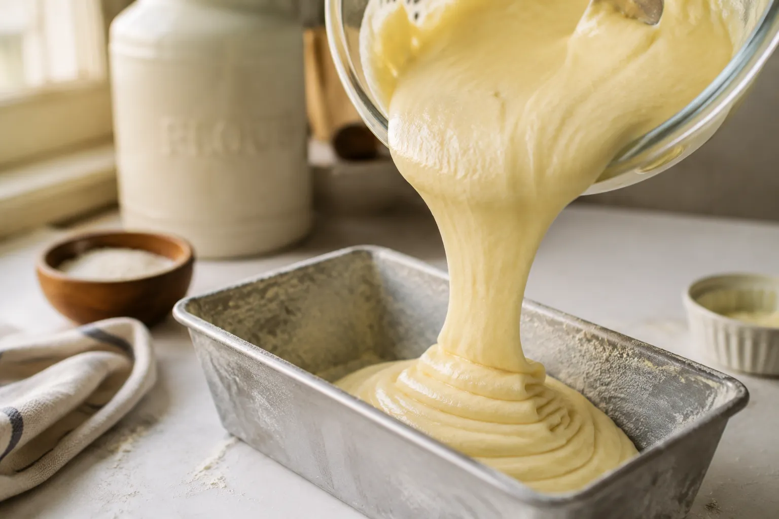 Pouring pound cake batter into a loaf pan, homemade pound cake recipe