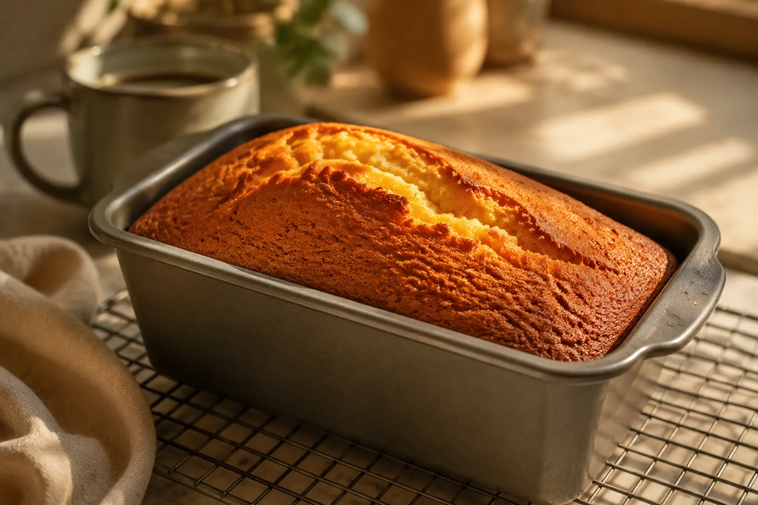 Freshly baked pound cake cooling in loaf pan with golden cracked top