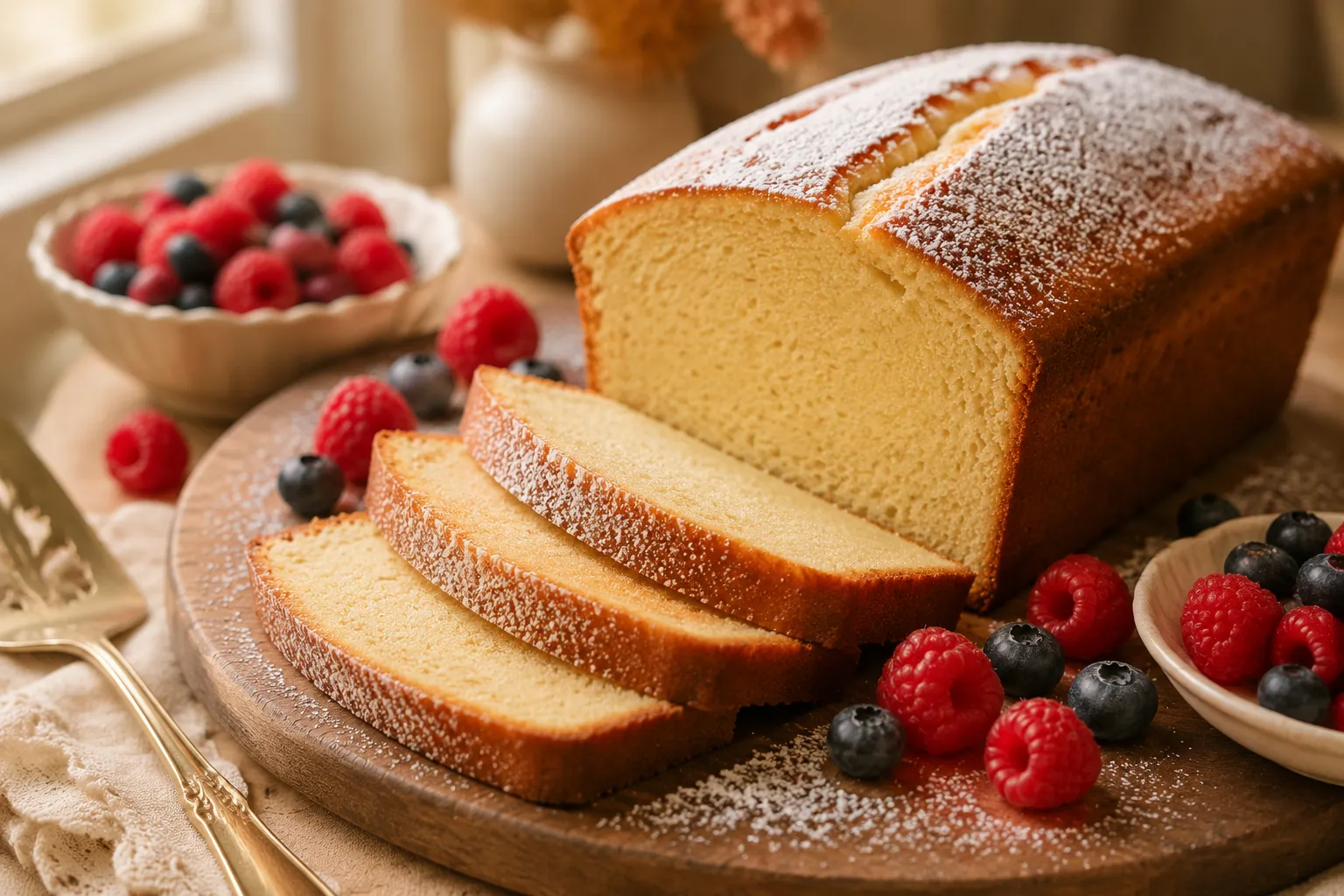 Sliced classic pound cake recipe with berries on a wooden board