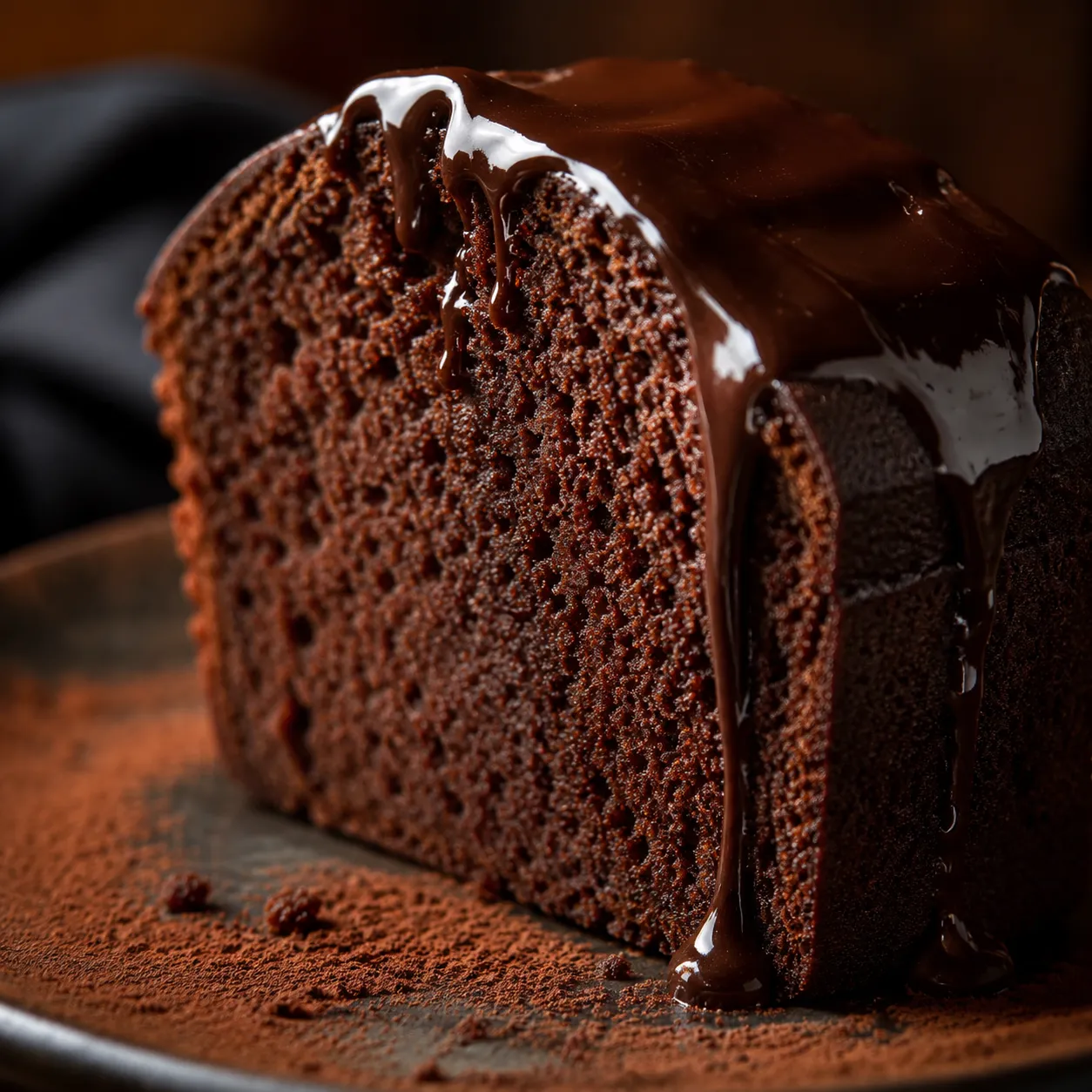 Chocolate pound cake recipe macro close-up with glossy chocolate glaze