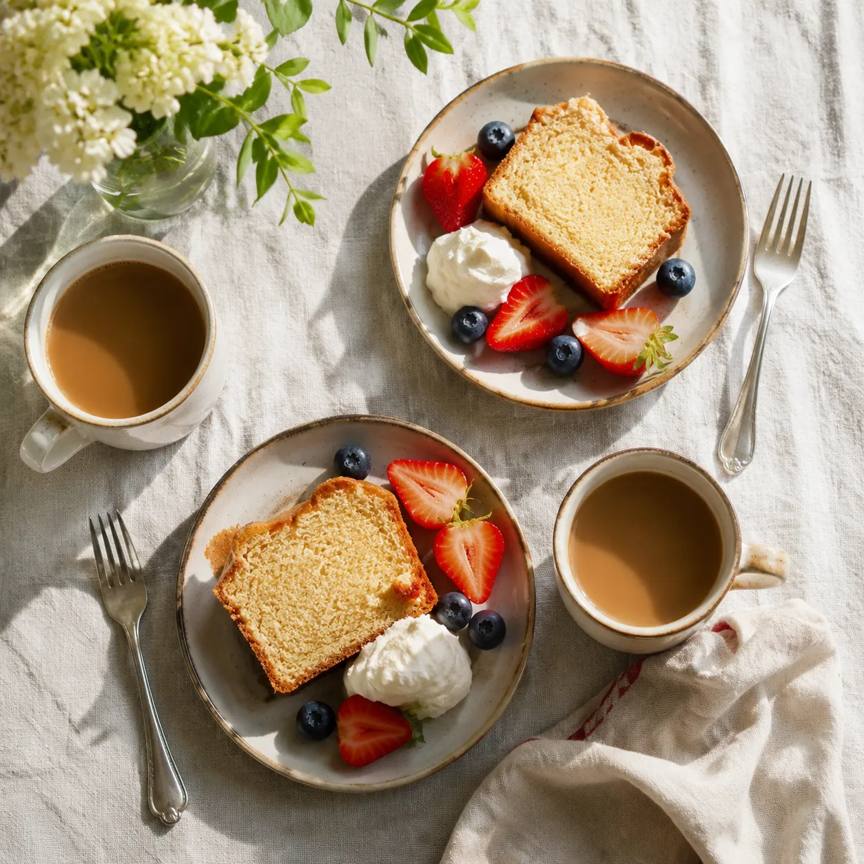 Pound cake recipe served with whipped cream, berries, and coffee