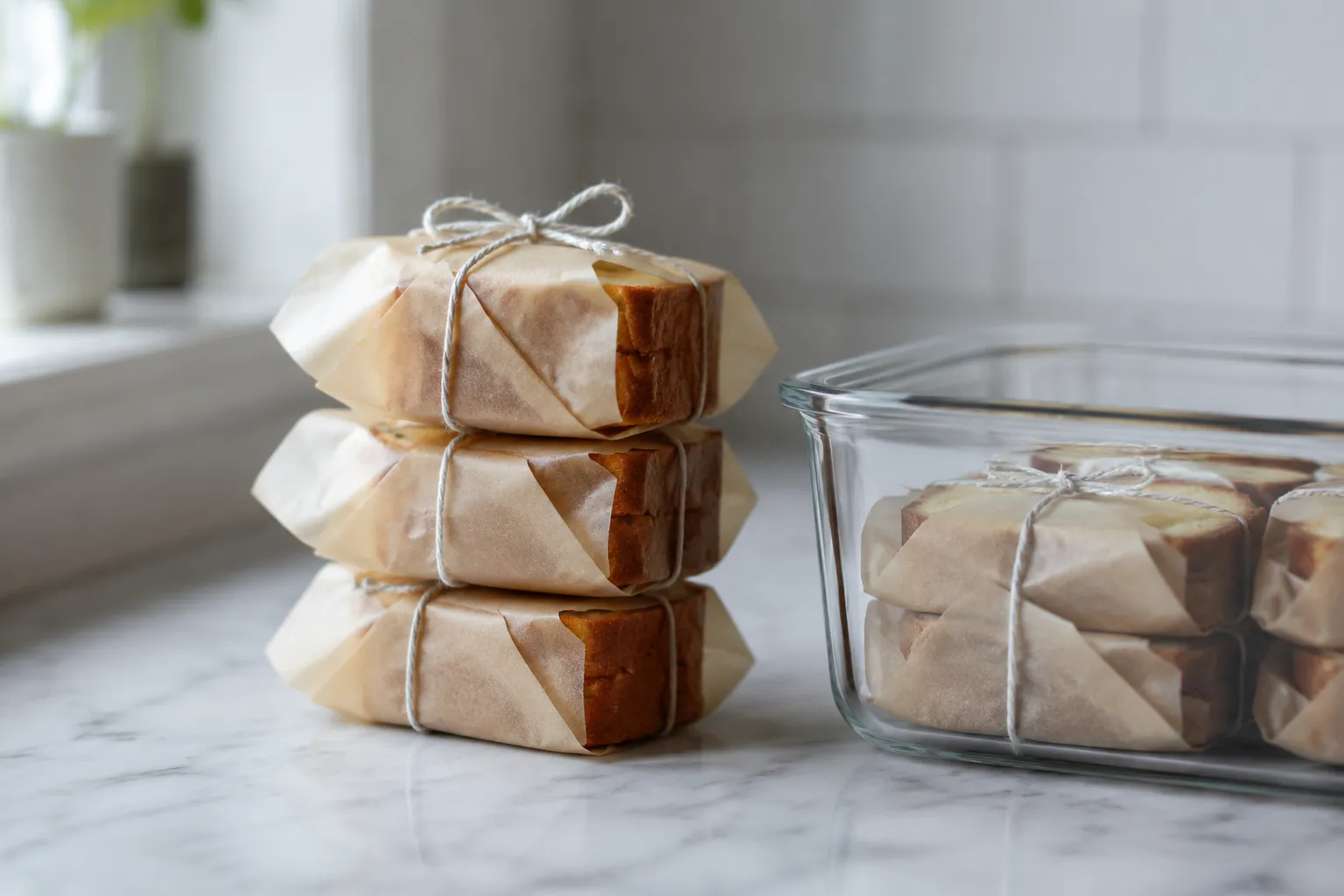 Wrapped pound cake slices ready to store or freeze for later