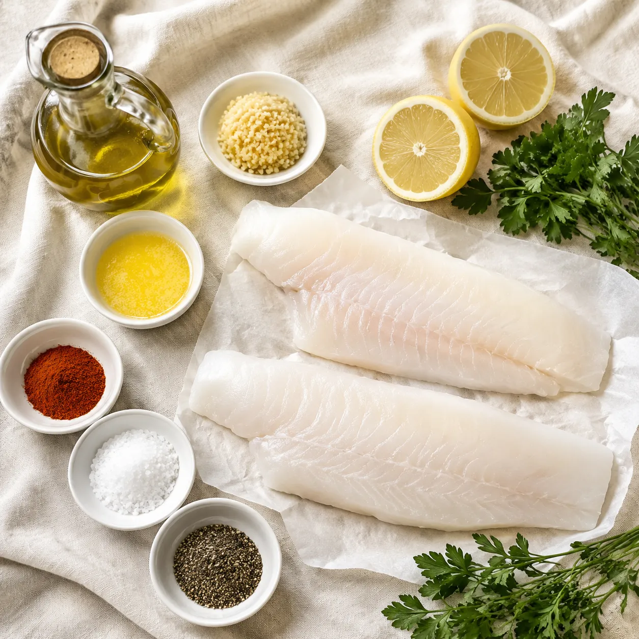 Haddock recipe ingredients flatlay with fresh fillets, lemon, garlic, and butter