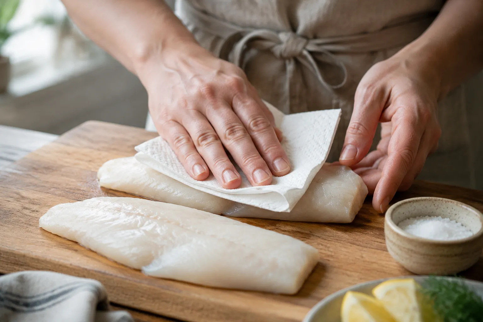 Patting haddock fillets dry before seasoning for baked haddock recipe
