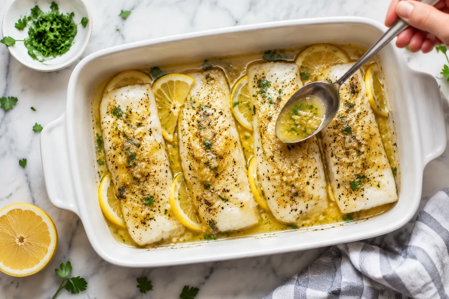 Raw haddock fillets in baking dish with lemon garlic butter ready for the oven