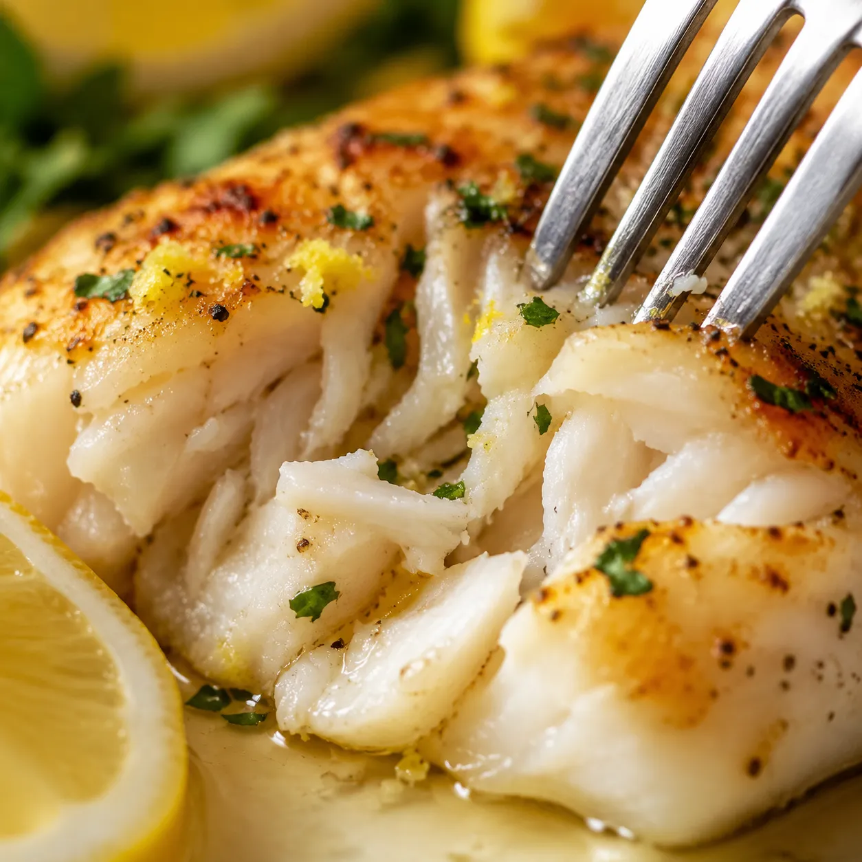 Macro close-up of flaky baked haddock fish pulled apart with a fork