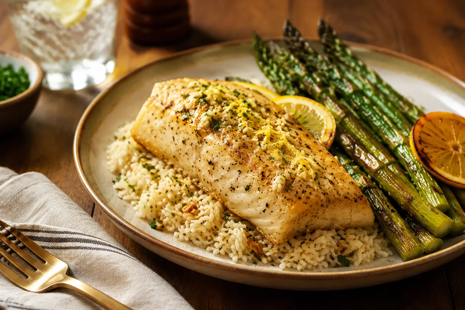 Baked haddock recipe plated with rice pilaf and roasted asparagus