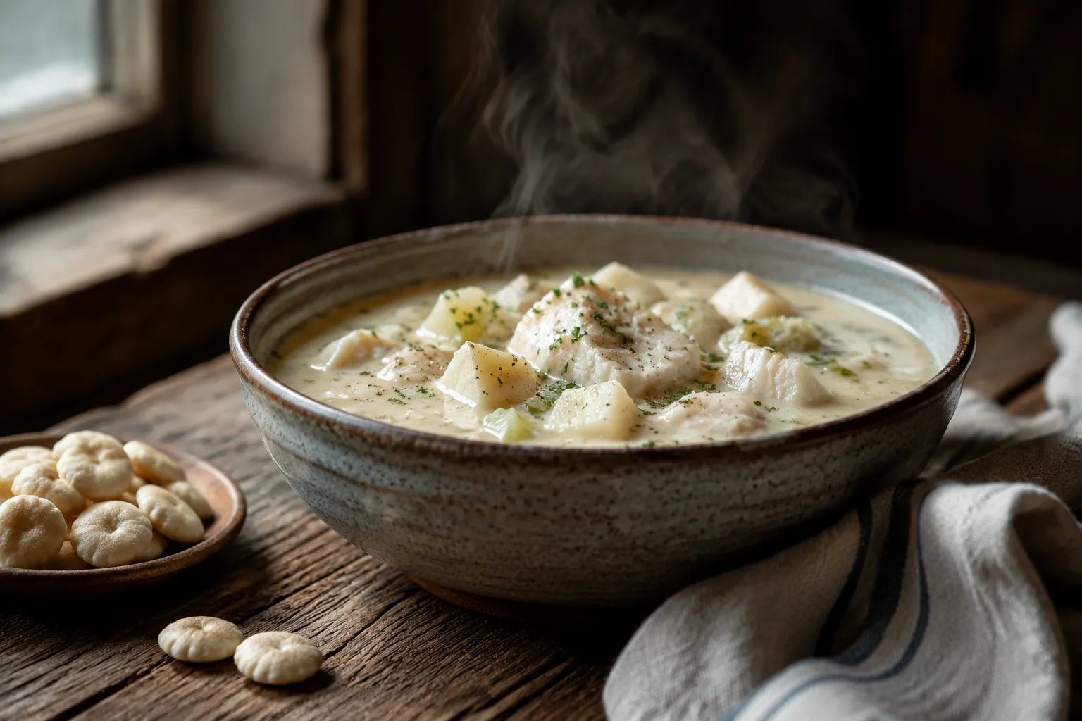 New England haddock chowder with potatoes and oyster crackers