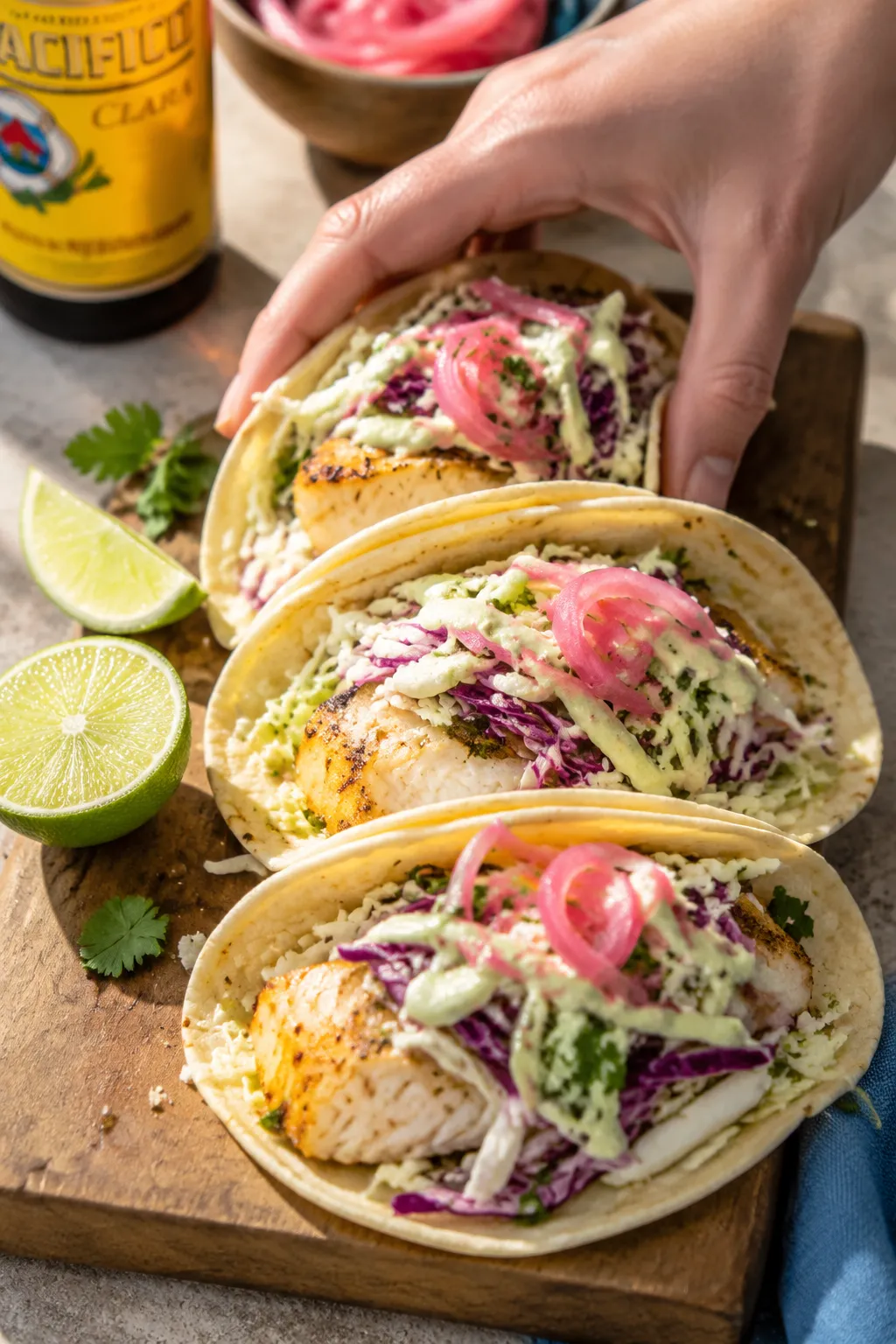 Haddock fish tacos with cabbage slaw and lime crema served on a wood board