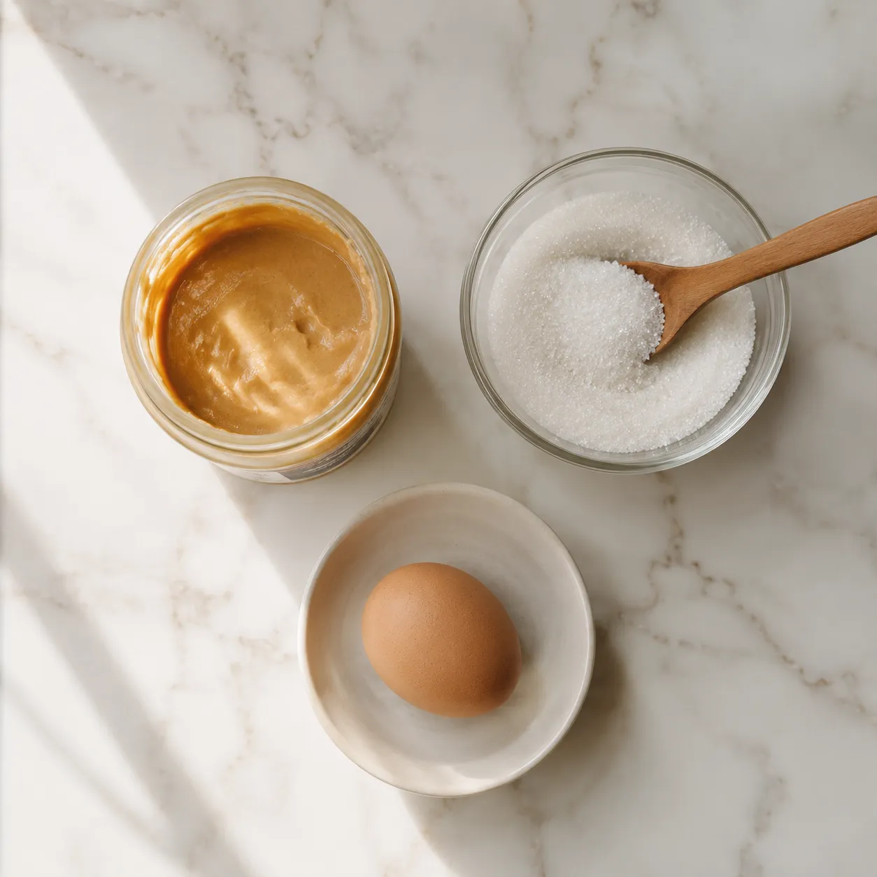 Three ingredients for peanut butter cookies: peanut butter, sugar, and egg flatlay