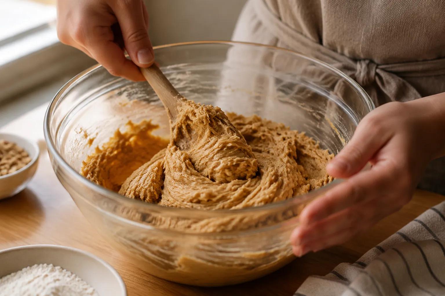 Mixing peanut butter cookie dough in a glass bowl with wooden spoon