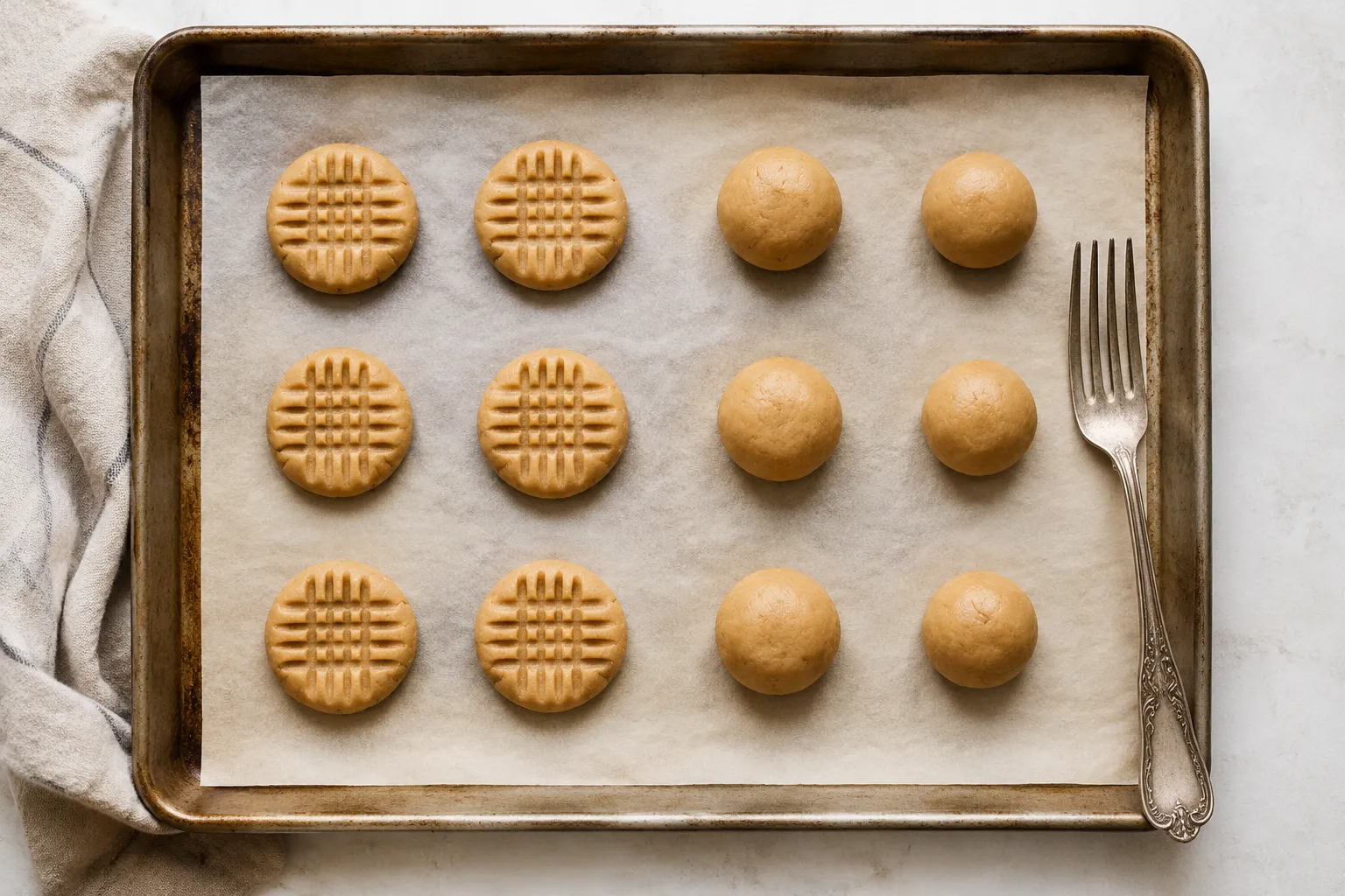 Peanut butter cookie dough balls with fork crisscross pattern on baking sheet