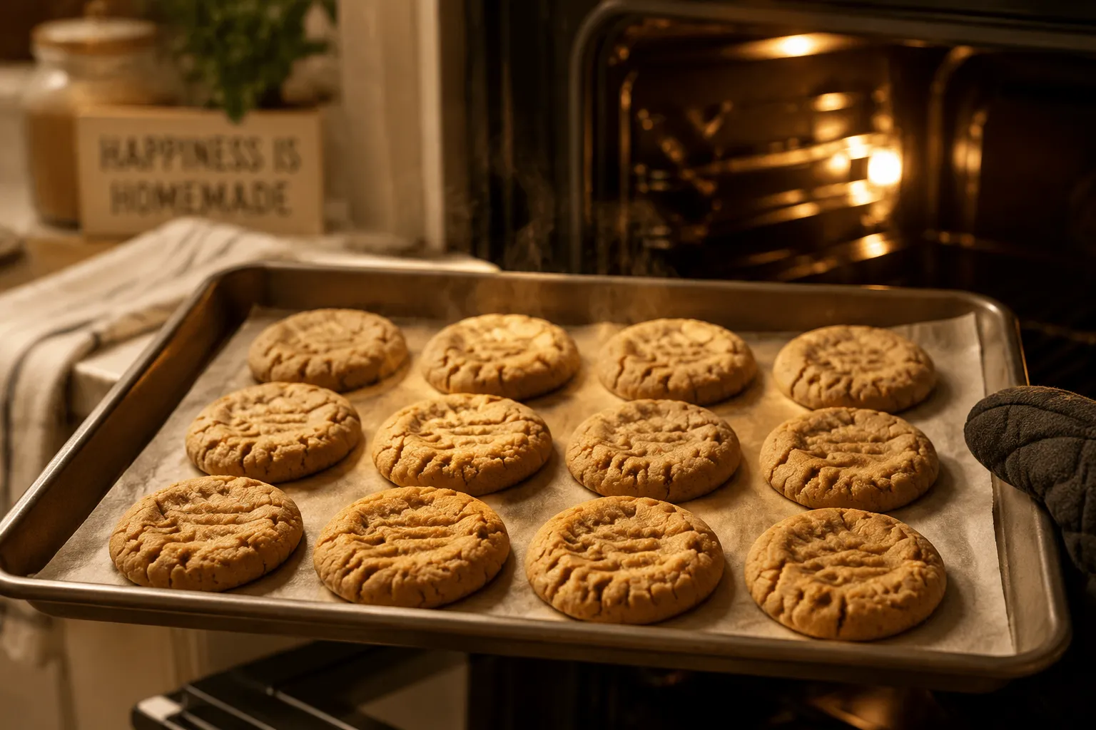Freshly baked 3 ingredient peanut butter cookies on a sheet pan