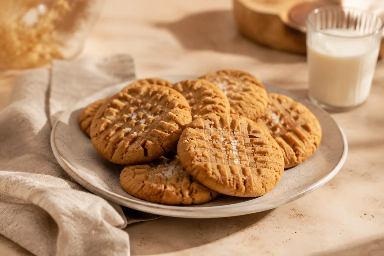 Plated three ingredient peanut butter cookies with flaky sea salt