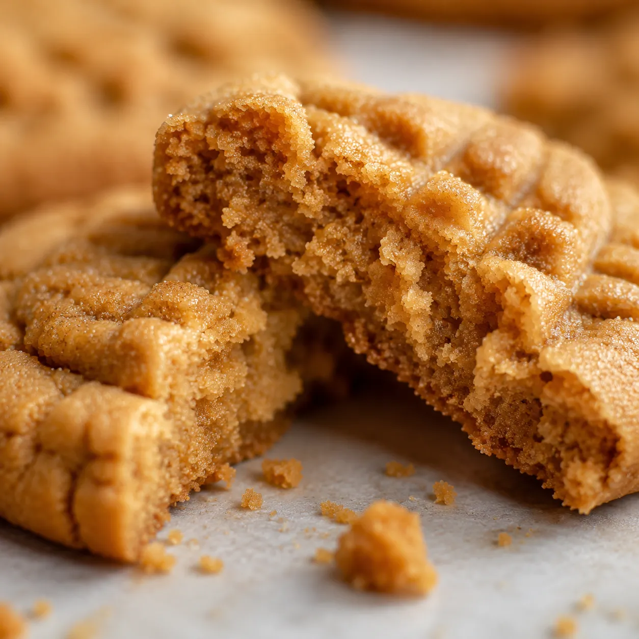 Close-up of soft chewy 3 ingredient peanut butter cookie interior