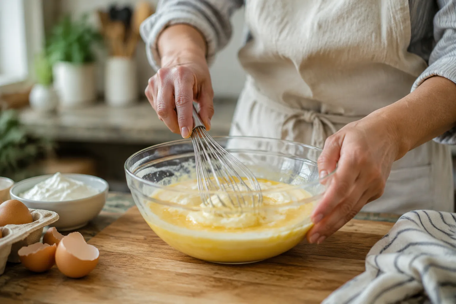 Whisking wet ingredients for creamed corn casserole in a glass bowl.
