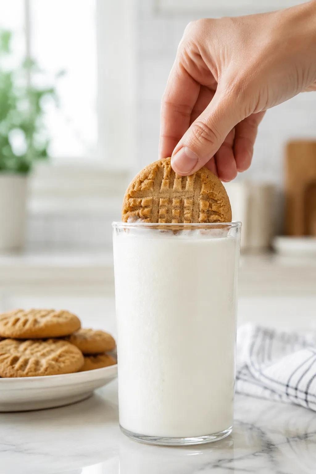 Dipping a peanut butter cookie into a glass of cold milk