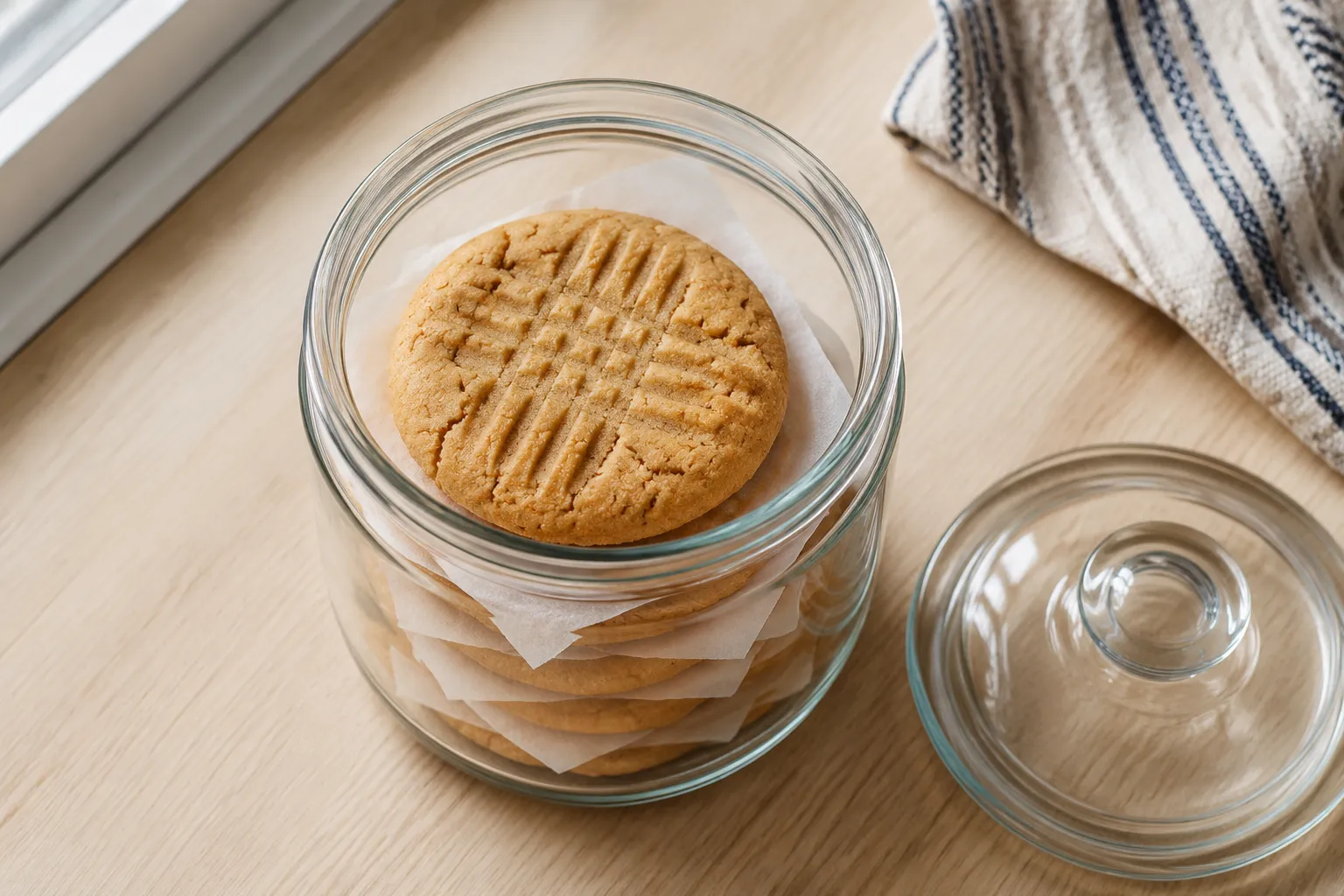 Storing 3 ingredient peanut butter cookies in a glass jar with parchment