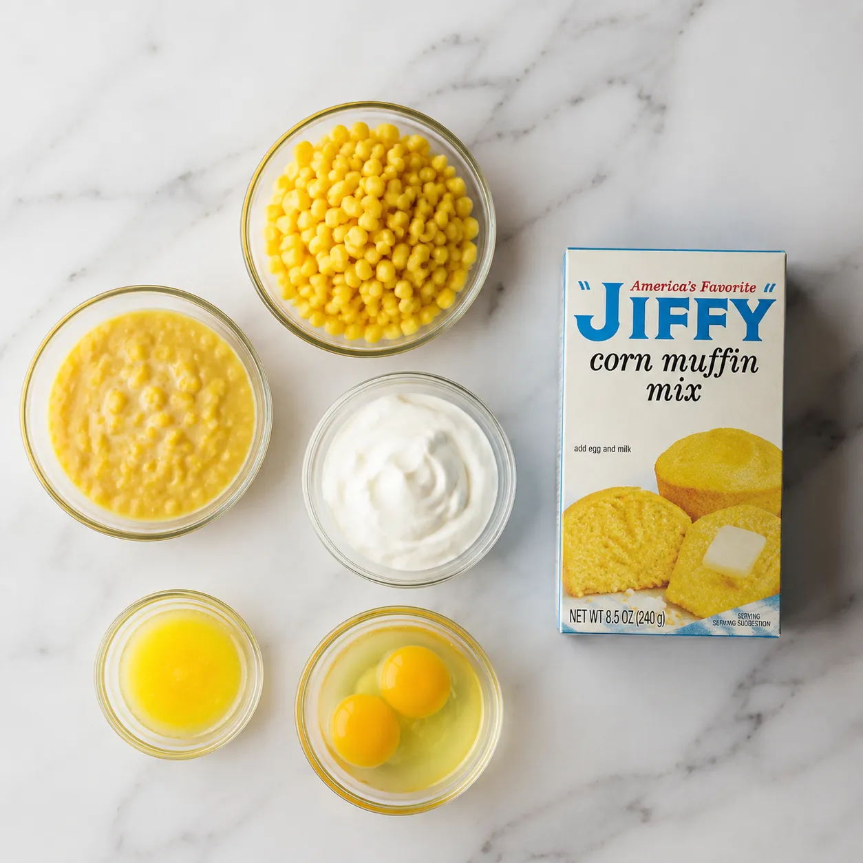Corn casserole ingredients flatlay with Jiffy mix, sour cream, butter, and eggs.
