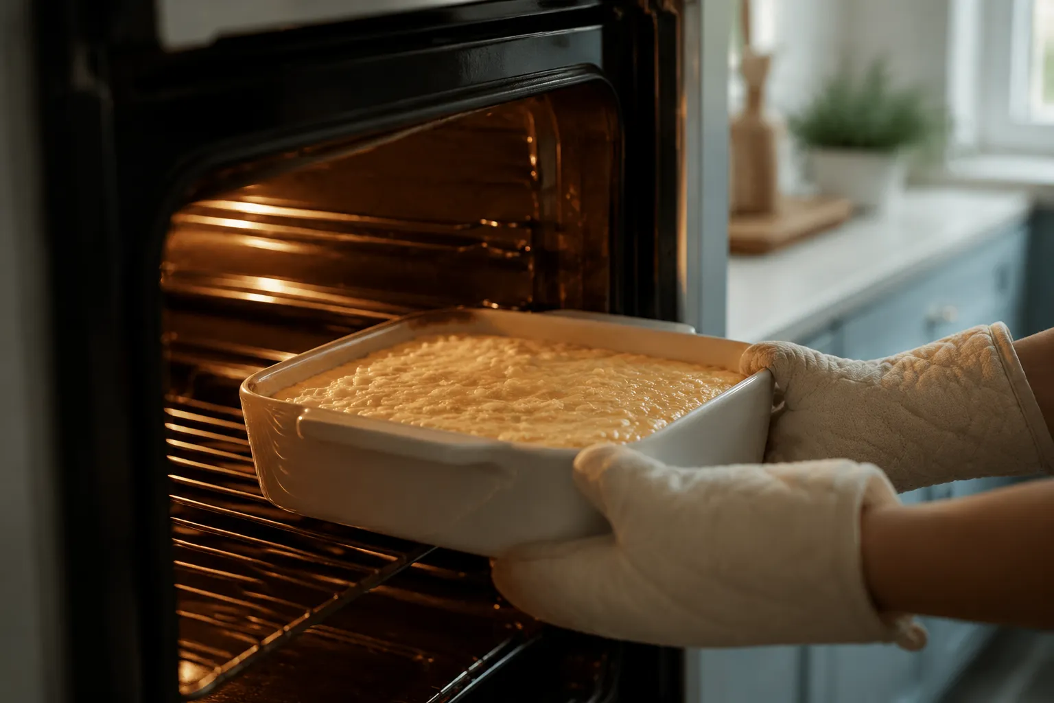 Corn casserole going into the oven to bake until golden.