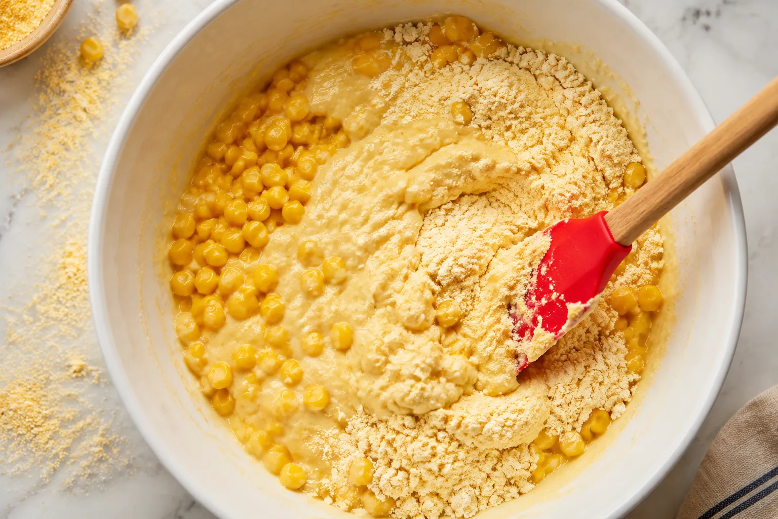 Folding corn and Jiffy mix into corn casserole batter.