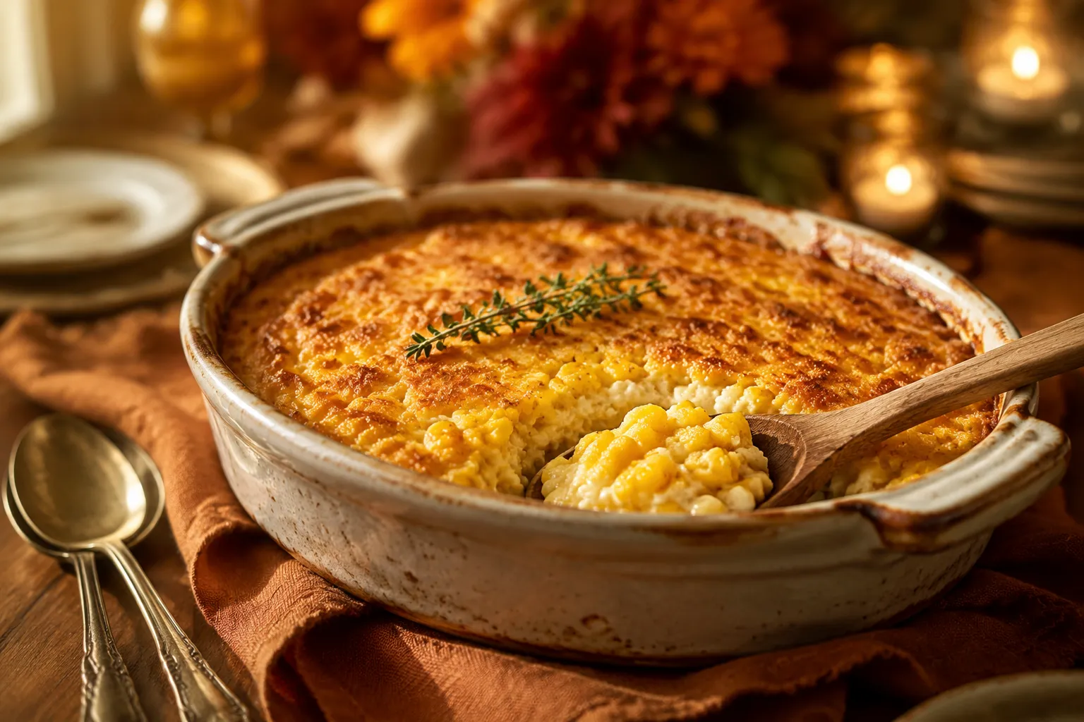 Finished corn casserole with a creamy interior scooped onto a serving spoon.