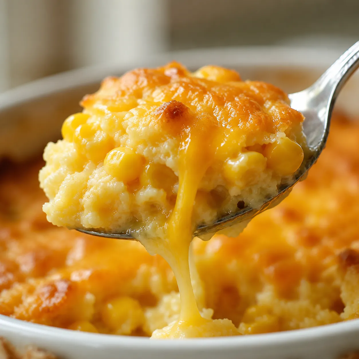Macro close-up of creamy corn casserole texture with corn kernels and cheese.