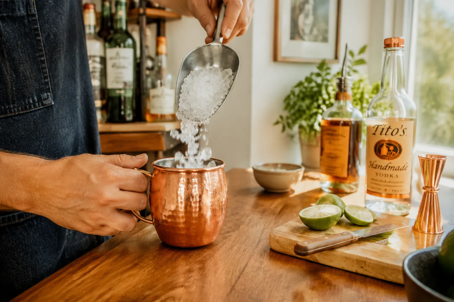 Filling a copper mug with crushed ice for a Moscow mule recipe