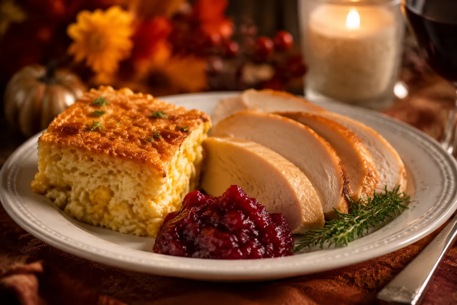 Corn casserole served on a Thanksgiving plate with turkey and cranberry sauce.